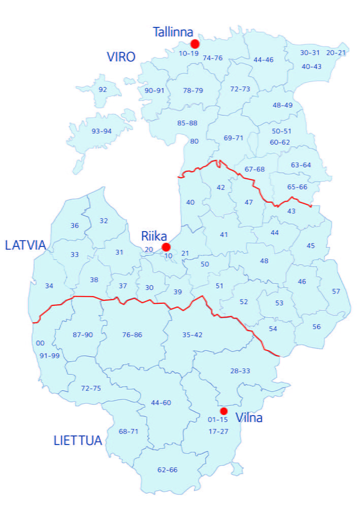 Baltian maiden postinumeroalueet ja DSV:n terminaalit merkattuna kartalle.